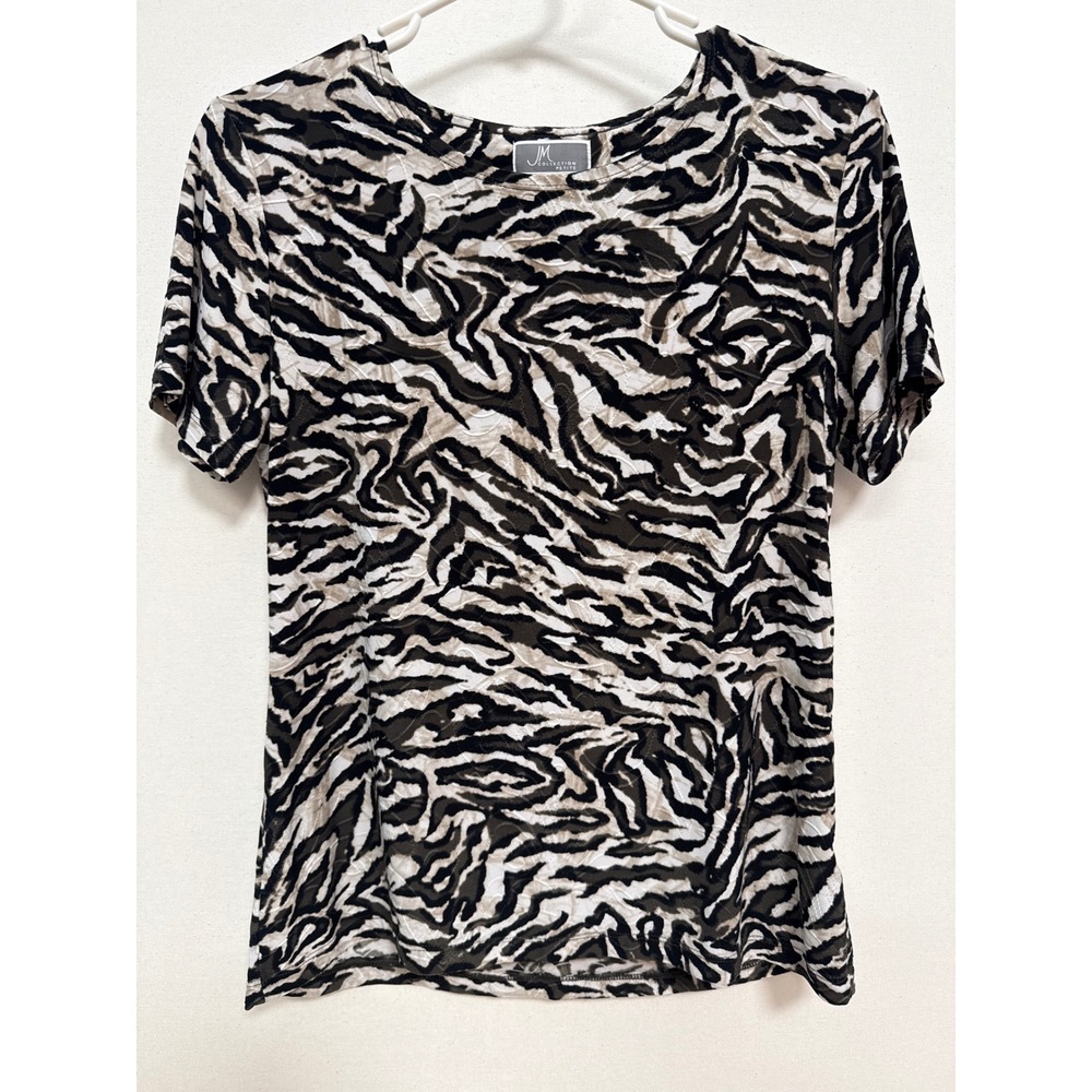 JM Collection Petite Zebra Print Short Sleeve Top Black Tan White PM